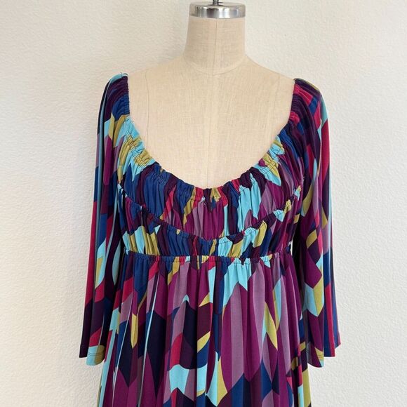 Muse Y2K Dress Multicolor Mod Babydoll Stretchy Wide Kimono Sleeves Boho Size 6 - Picture 3 of 8